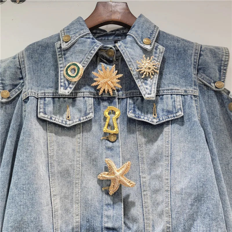 Hollow Out Short Denim Jacket With Metal Buckle Buttons For Women