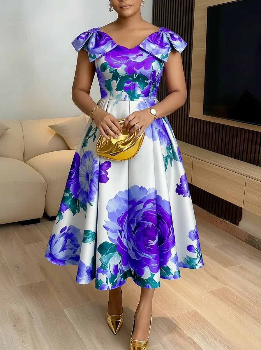Women Cap Sleeve Floral Print Midi Dress Elegant Pleated Swing Dress For Evening Party Formal Occasion Slim Fit
