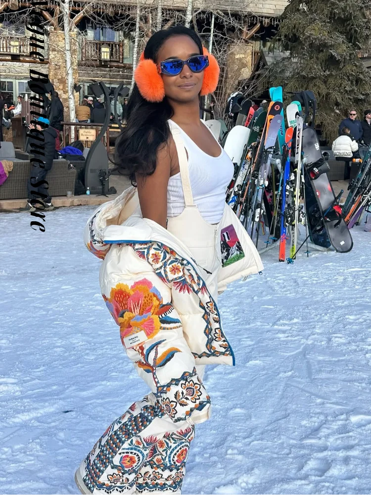 Printed Hooded Ski Jacket And Wide Leg Pants Set for Women