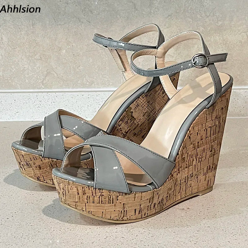 Comfortable Grey Platform Open Toe Wedge Sandals With Buckle Strap For Women