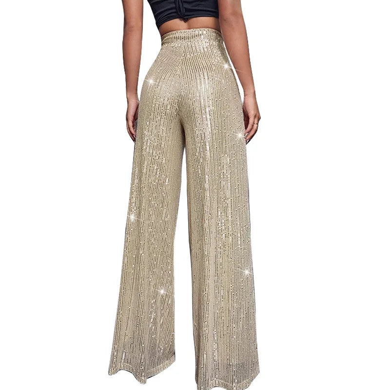 High Waist Sparkle Sequin Wide Leg Pants for Women