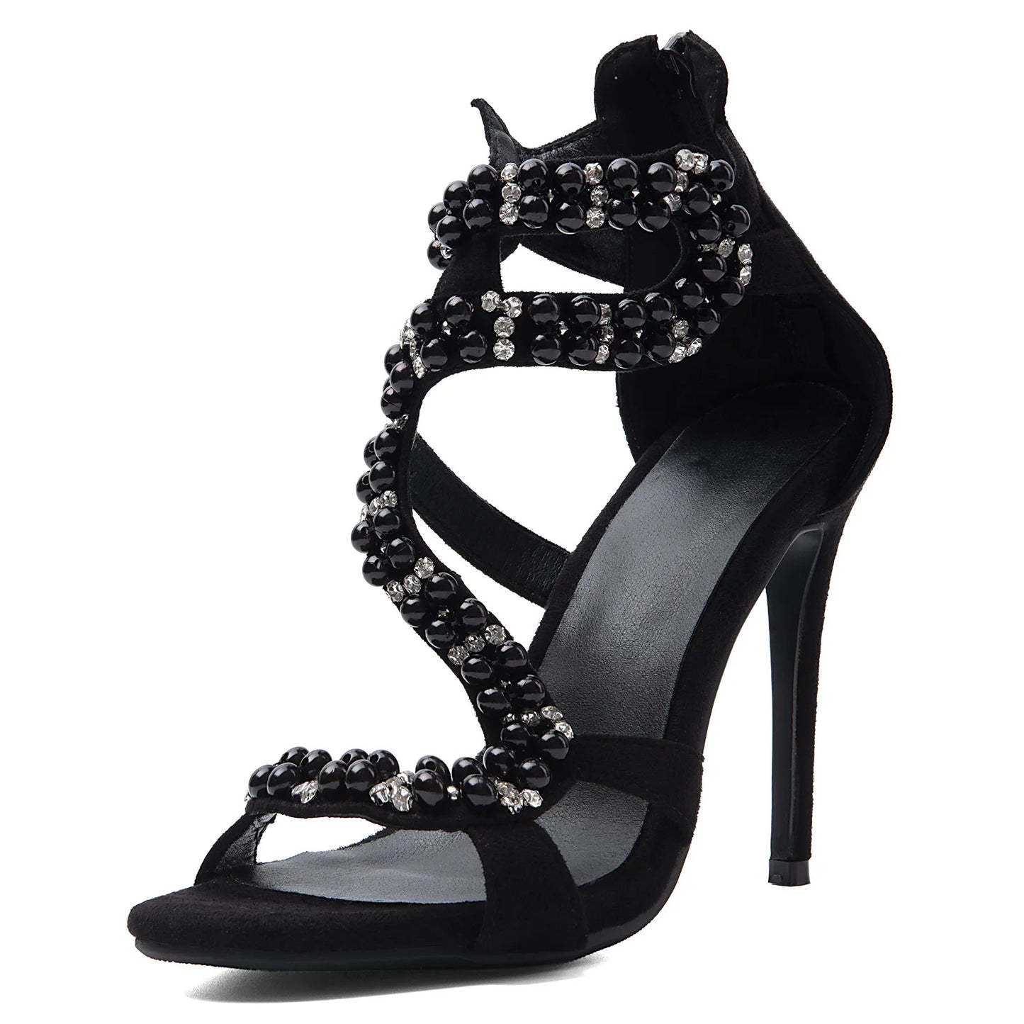 Black Rhinestone Pearl Ankle Sandals
