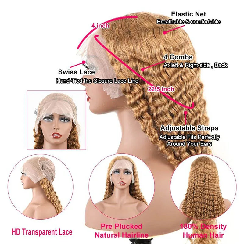 Honey Blonde Curly Human Hair Lace Front Wig for Women