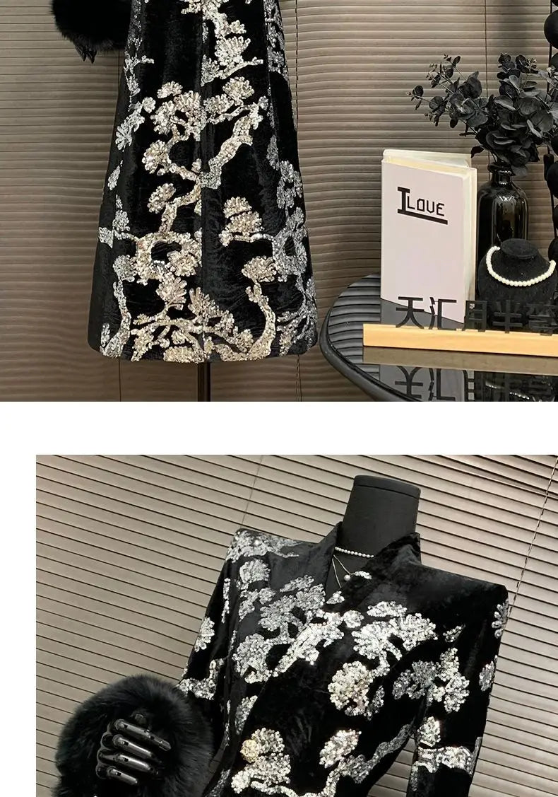 Black Velvet Sequins Windbreaker Coat Autumn/Winter New English style Luxury Sequin Embroidered Women's Coat