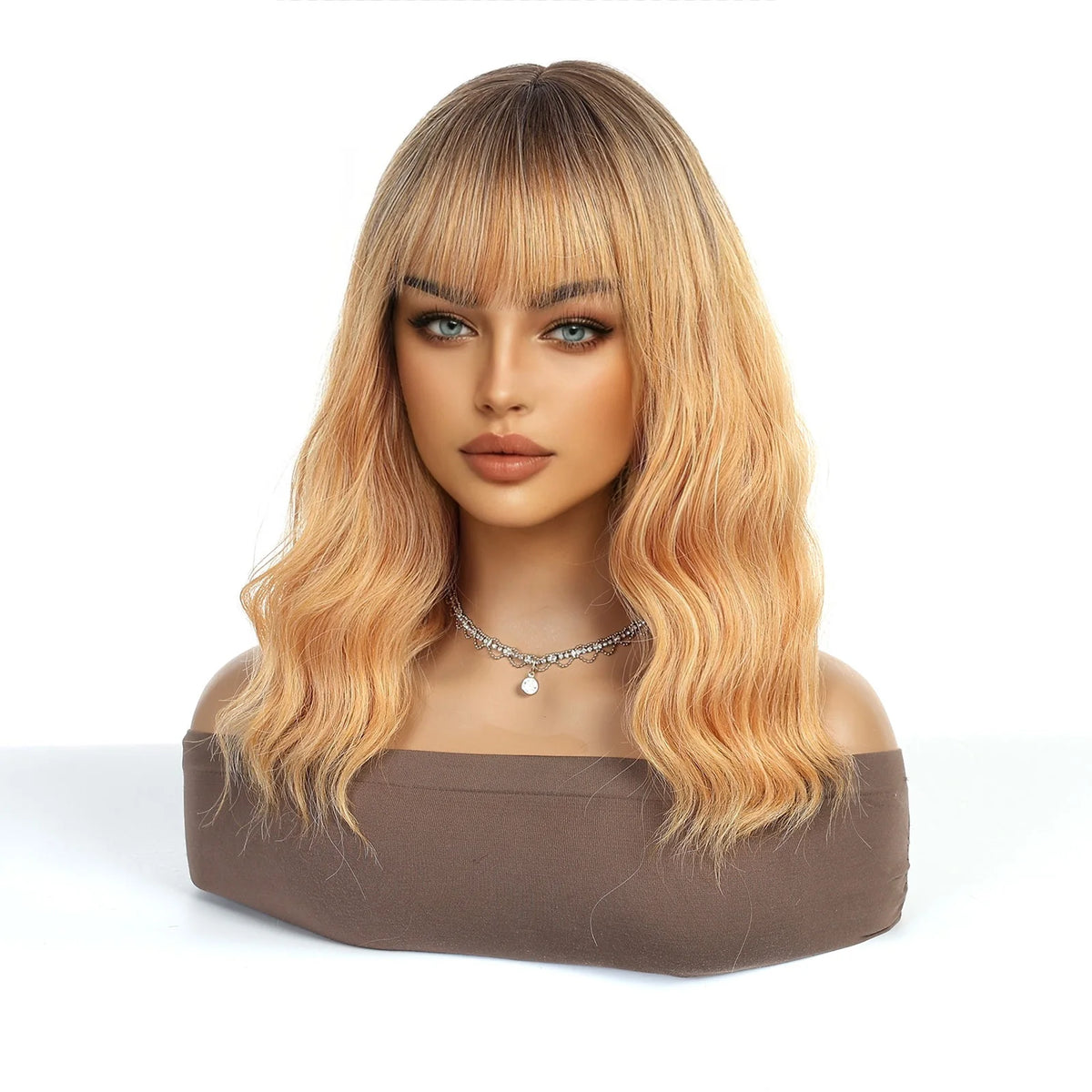 Medium Length Ombre Wavy Blonde Wig With Bangs for Women