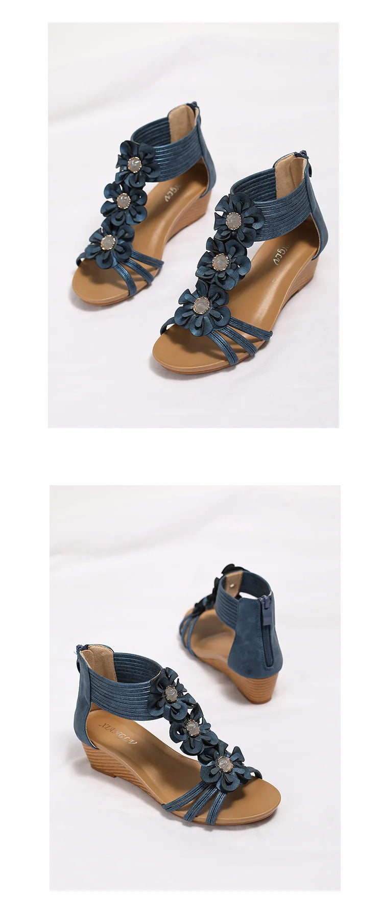 Bohemian Floral Vintage Leather Wedge Sandals for Women