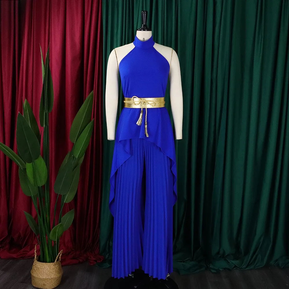 2 Pieces Pants Sets Womens Outfits Blouse Extra Long Sleeveless Backless Belt Waisted & Wide Leg Pants Pleated Floor Length Sets