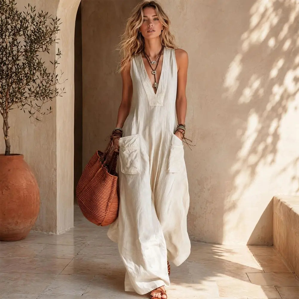 Sleeveless V Neck Loose Wide Leg Casual Jumpsuit For Women