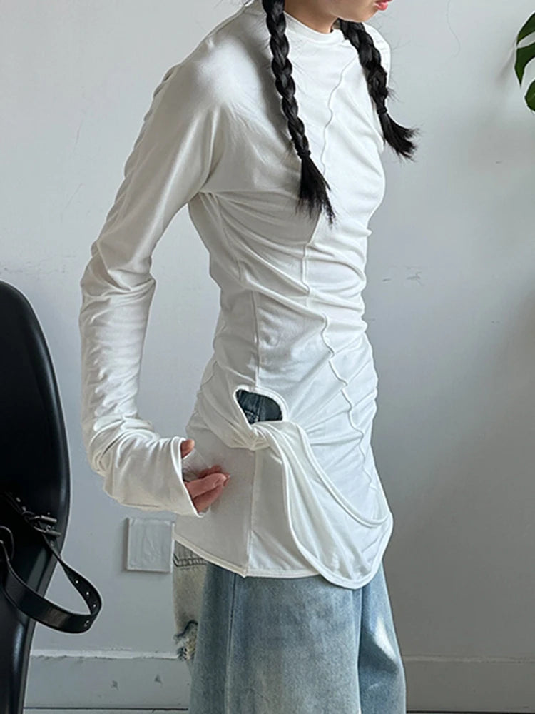 [EAM] Women White Irregular Hem Elegant Long Slim T-shirt New Round Neck Long Sleeve Fashion Tide Spring Autumn 2025 1DJ0097