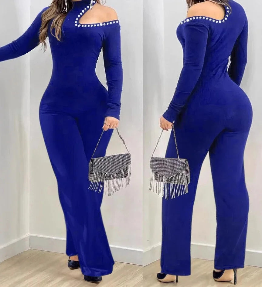 Sexy Jumpsuit for Women Fashion Casual Rhinestone Cold Shoulder High Neck Jumpsuit Long Sleeve Slim Flared Jumpsuits 2025 Spring