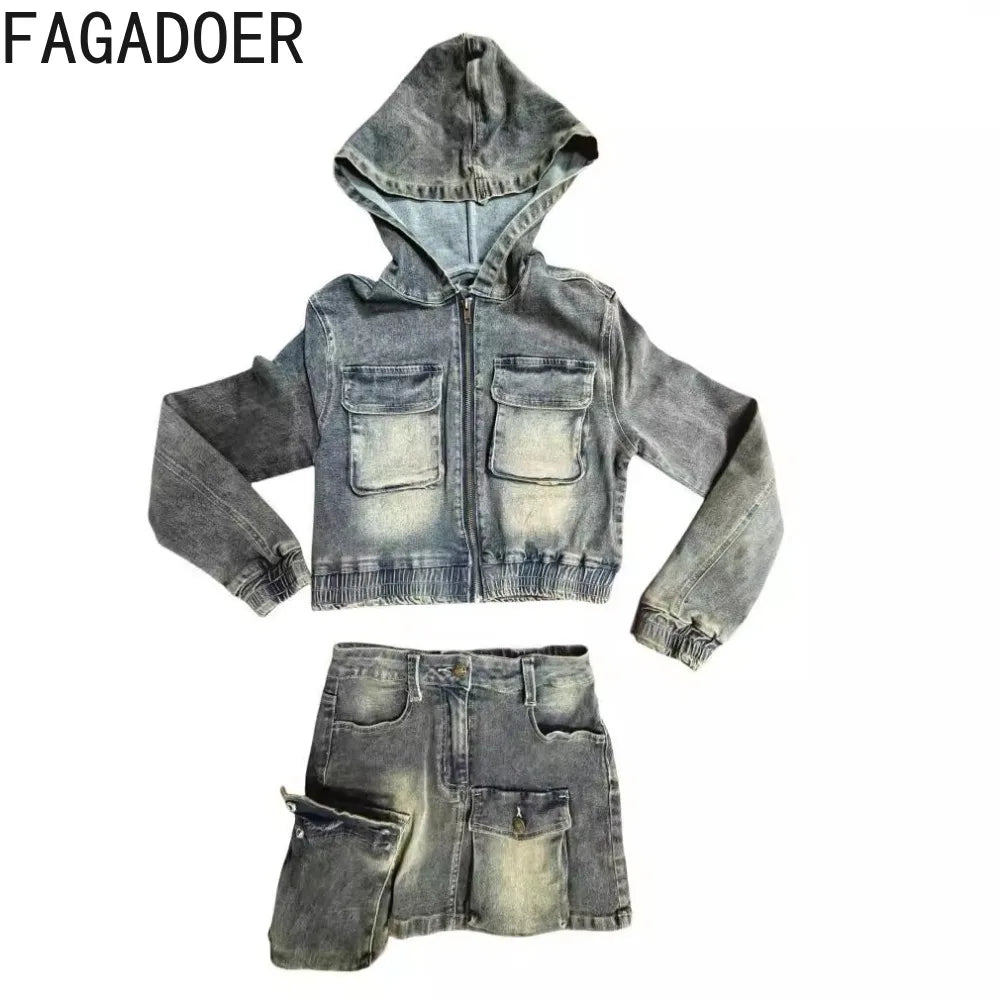 Retro Denim Patchwork Cargo Two Piece Set for Women
