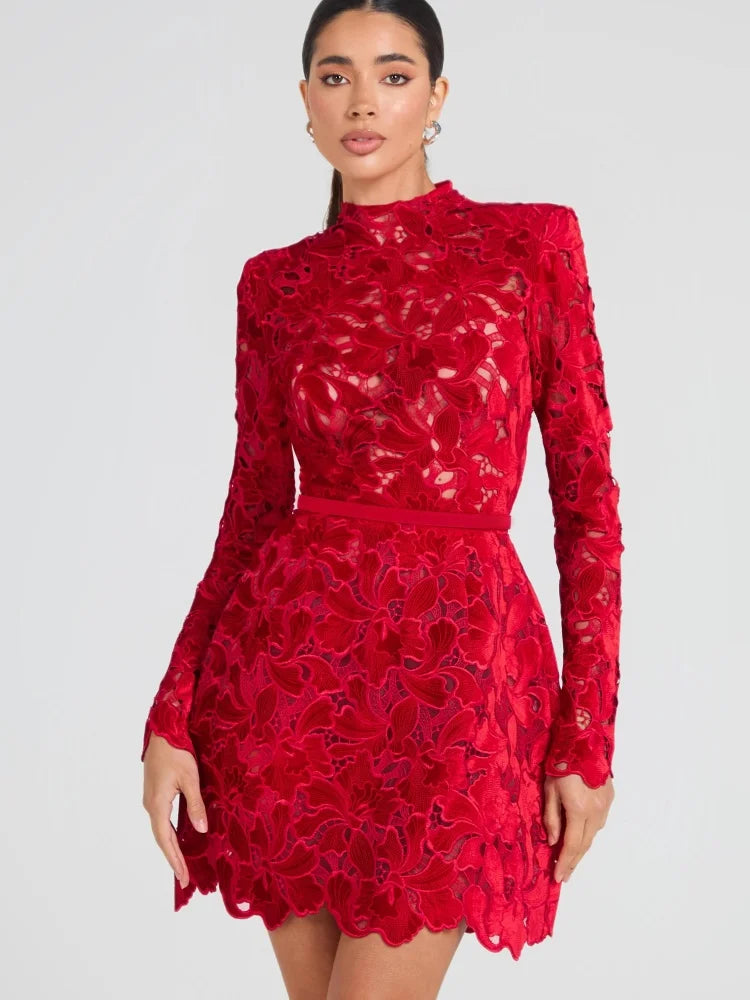 Retro Glamour Red Lace Waist-Cinched Mini Dress for Women