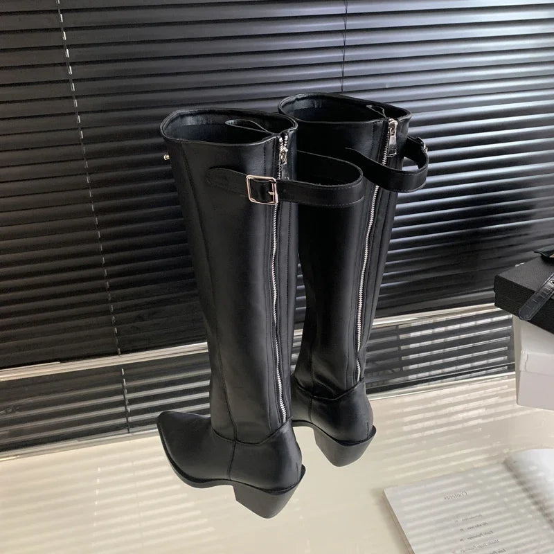 Belt Buckle Knee High Boots
