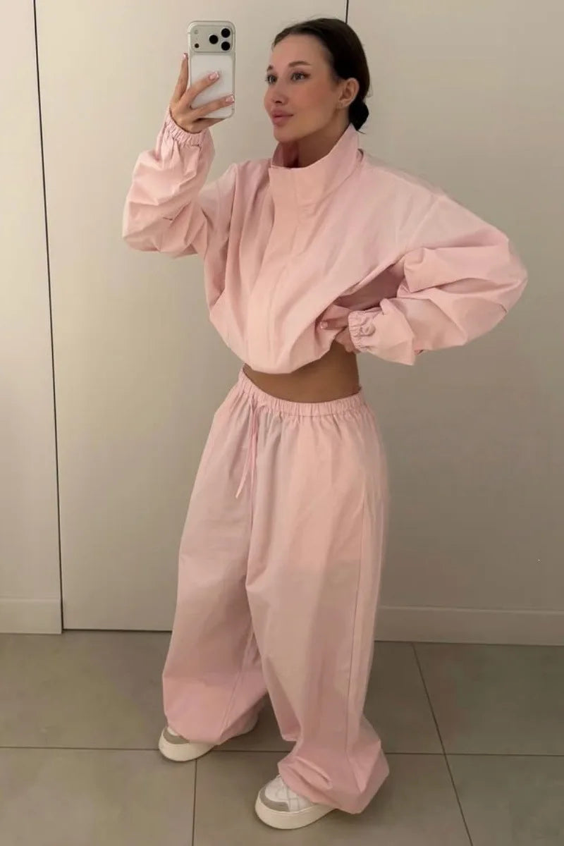 Lace Up Stand Collar Wide Leg Two Piece Set for Women