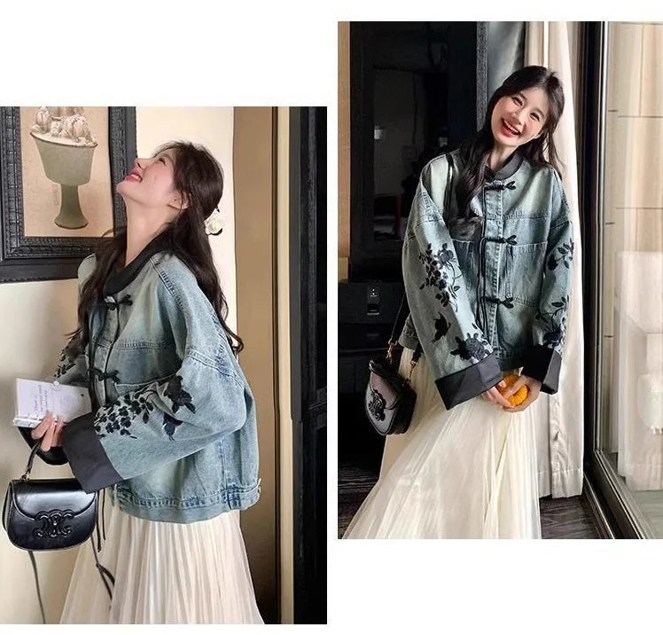 Plus Size Embroidered Denim Jacket