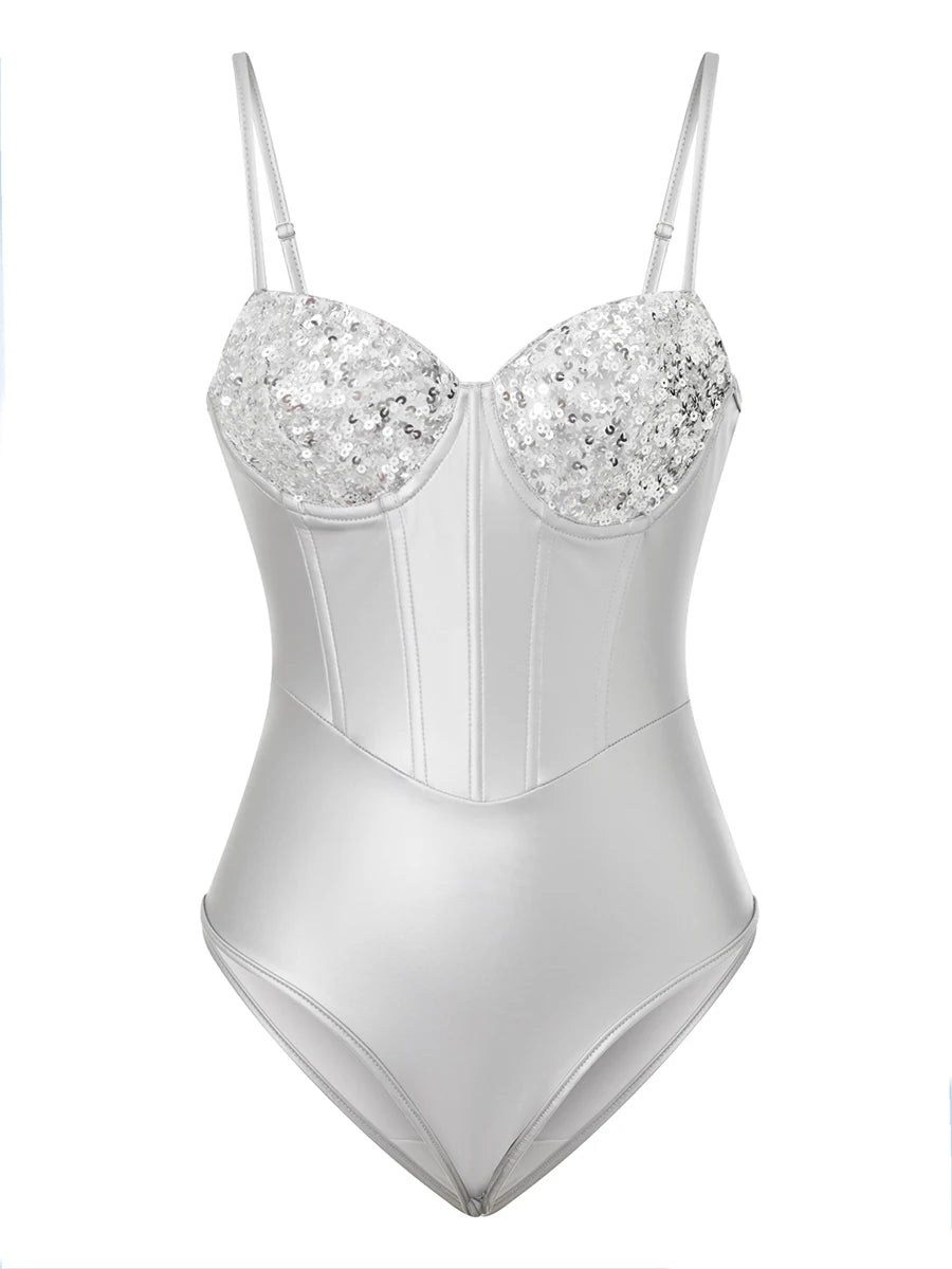 Slim Sparkly Sequin Spaghetti Strap Bodysuit for Women