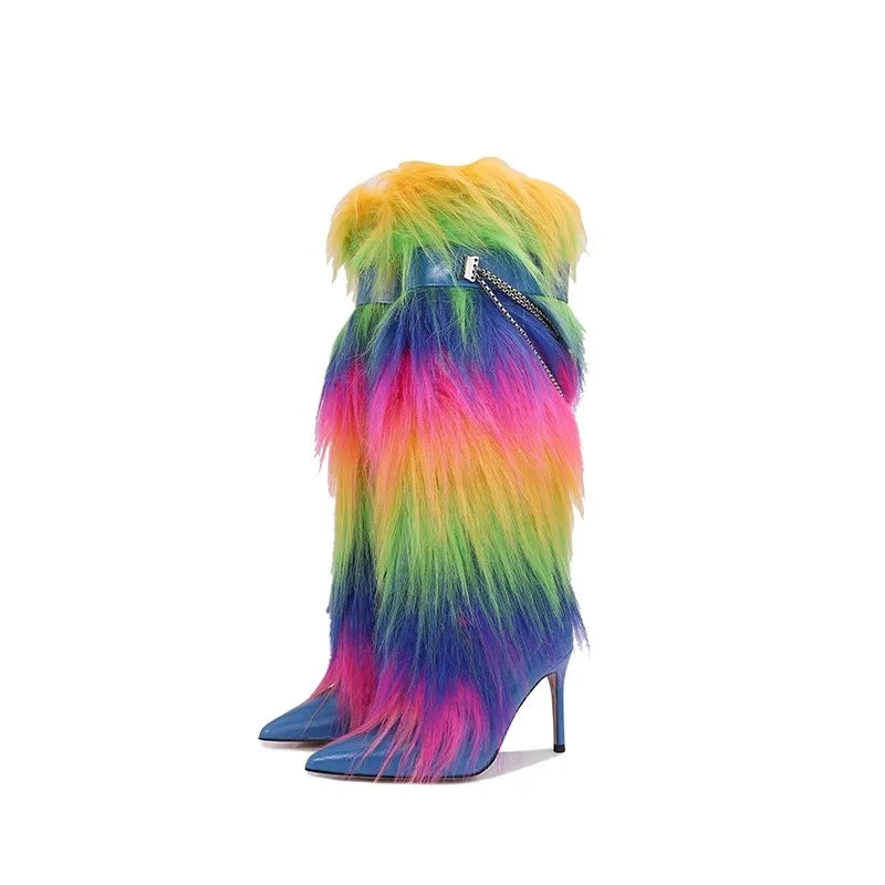 Elegant Faux Fur Knee High Stiletto Boots for Women