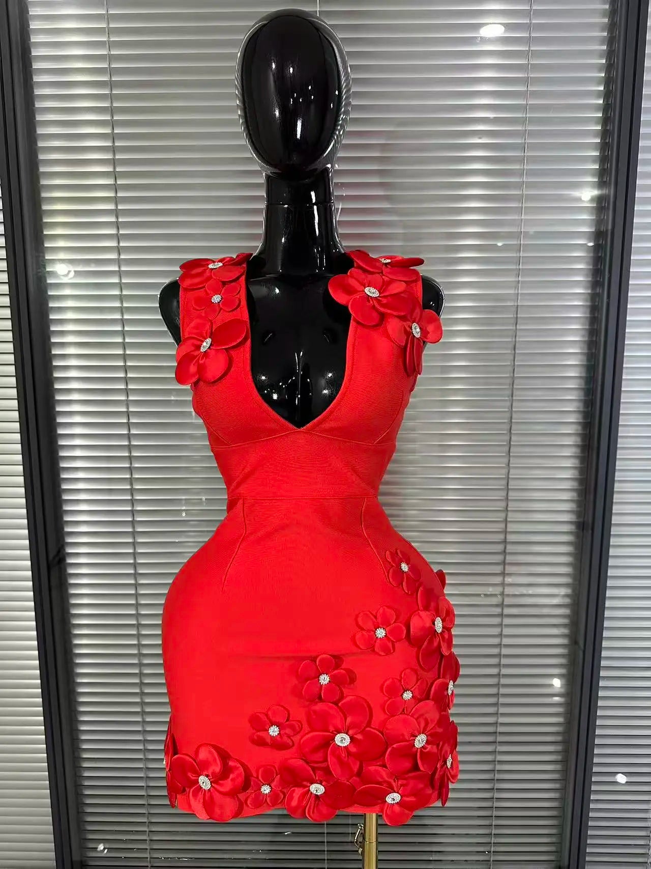 Black Red Women Sexy Sleeveless V-Neck Florals A-Line Bandage Dress Celebrate Nightclub Party Evening Birthday Photohoot Wear