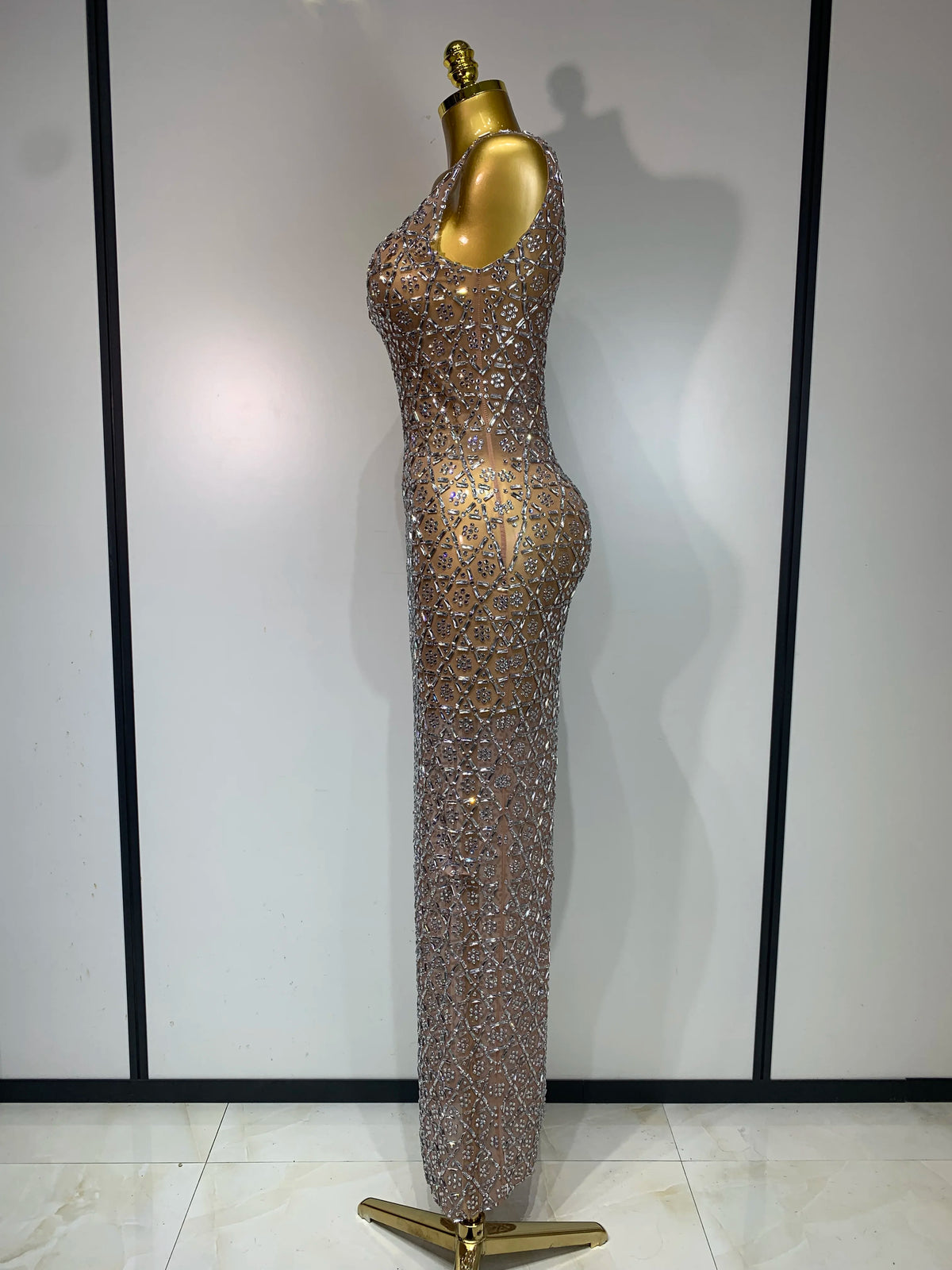 Rhinestone Mesh Evening Gown