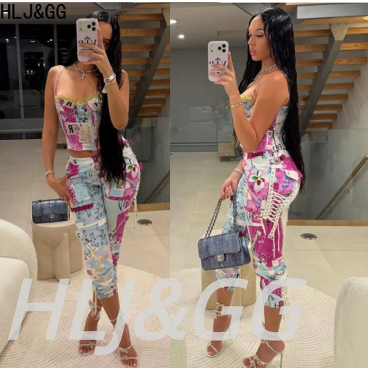 Graffiti Print Two Piece Crop Top And Pants Set for Women