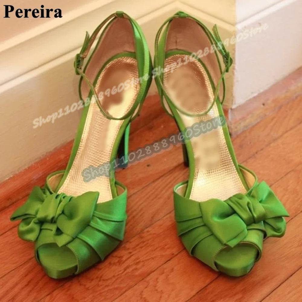 Green Silk Bowknot Pleat Sandals Stilettos High Heel Shoes For Women Ankle Buckle Strap Peep Toe Banquet Stylish Women Sandals