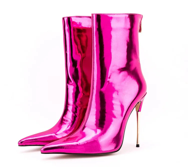 Shiny Blue Mirror Stiletto Boots with Side Zipper for Women