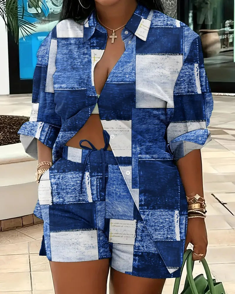 Casual Geometric Print Shirt Shorts Two Piece Set for Women