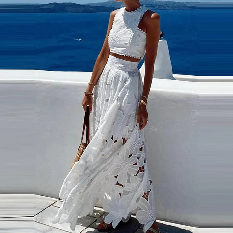 Fashion O-neck Sleeveless Top with Long Skirt Suit Sexy Exposed Navel Holiday Outfit 2025 Lace Hollow Loose Women's 2 Piece Set