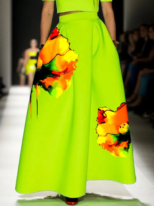 Beautyblue French Elegant Green Umbrella Skirt Fashion Long Skirts for Women Elegant Flower Print Casual Pockets Bottoms Female