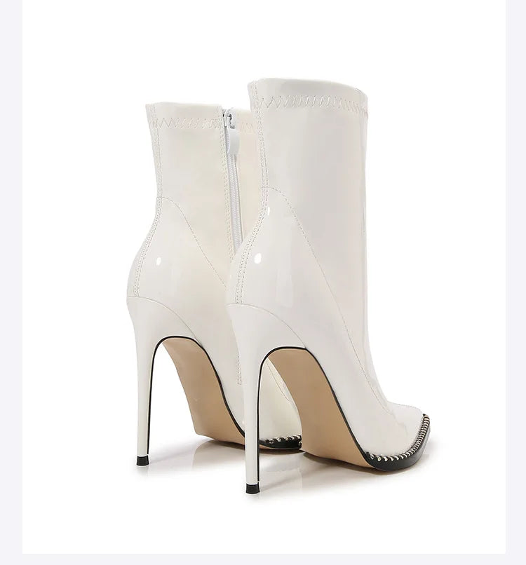 Elegant Rhinestone Bordered Side Zipper High Heel Ankle Boots for Women