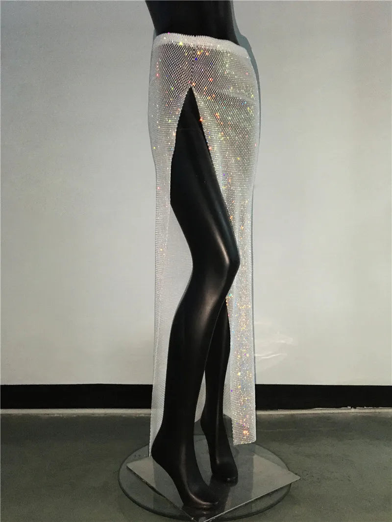 Glitter Rhinestone Long Fishnet Split Skirt for Women