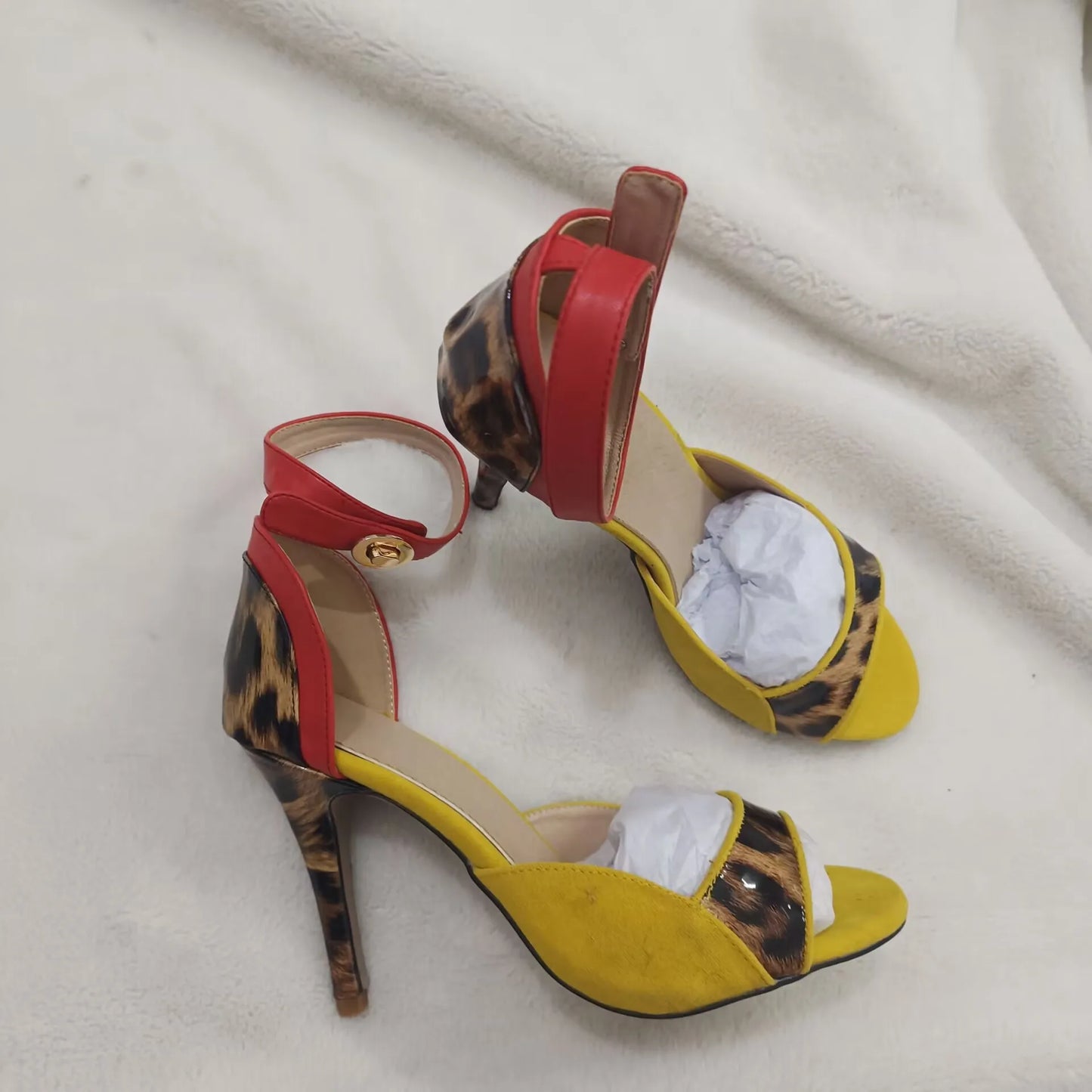 Patchwork Ankle Strap Peep Toe Heeled Sandals for Women