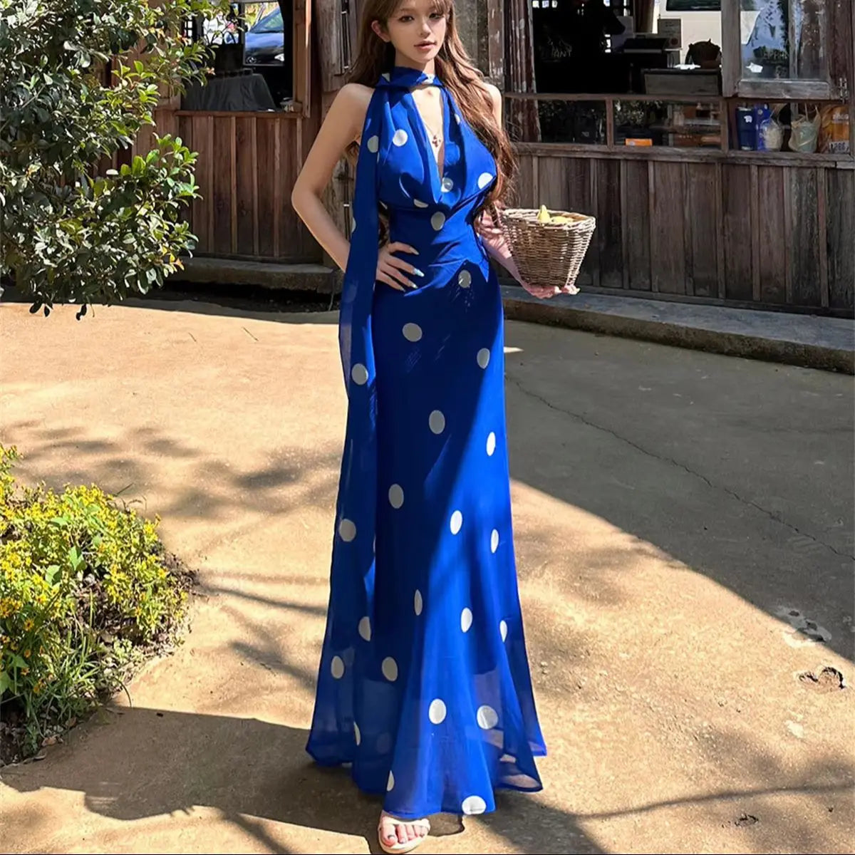 Vintage Polka Dot Backless Halter Maxi Dress for Women