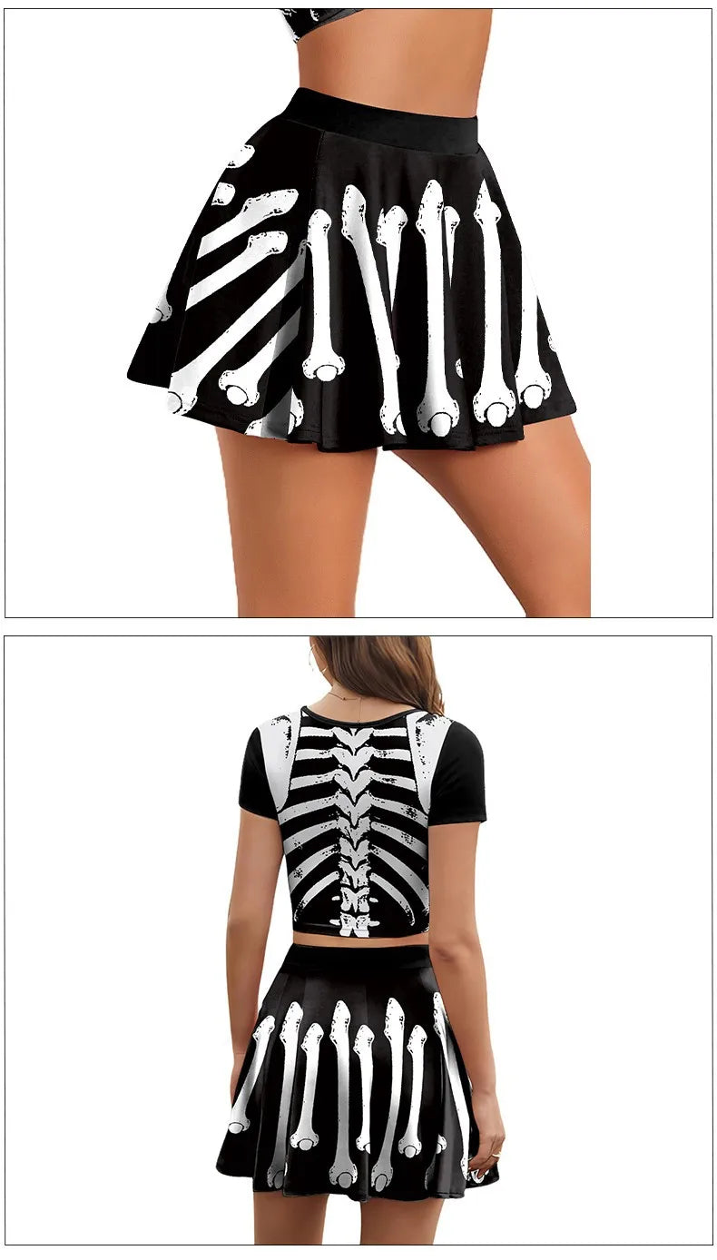 Gothic Skeleton Print Two Piece Costume Set for Women