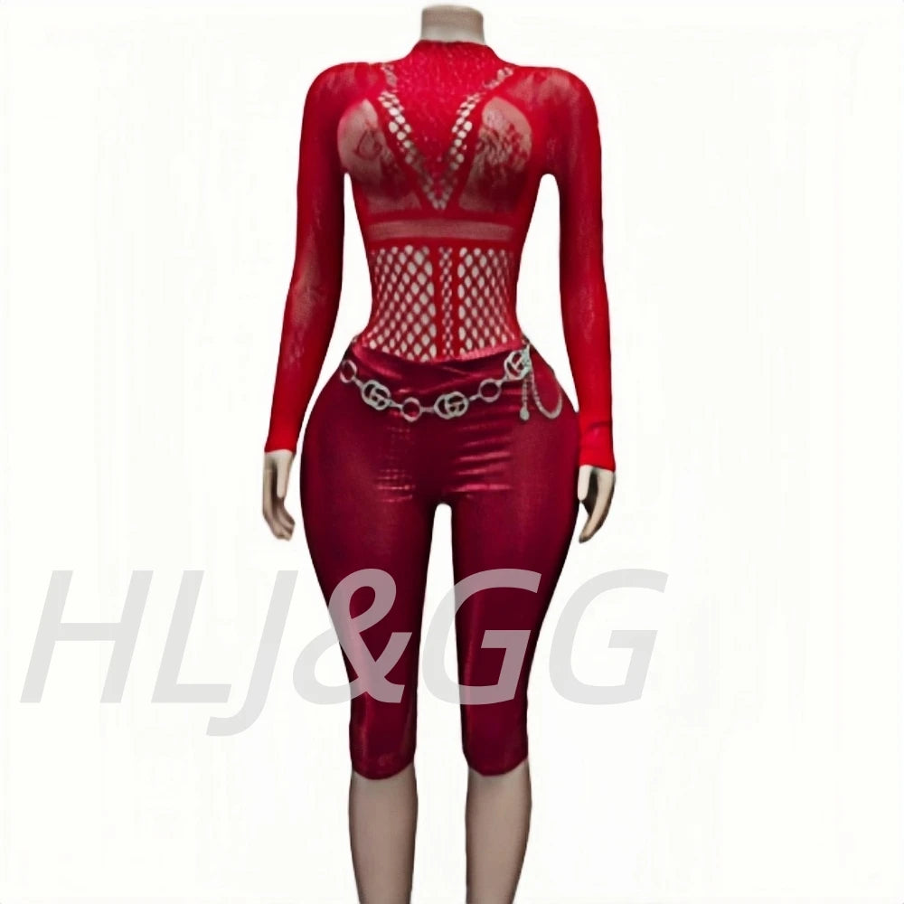Sexy Rhinestone Mesh Two-Piece Bodysuit Set for Women