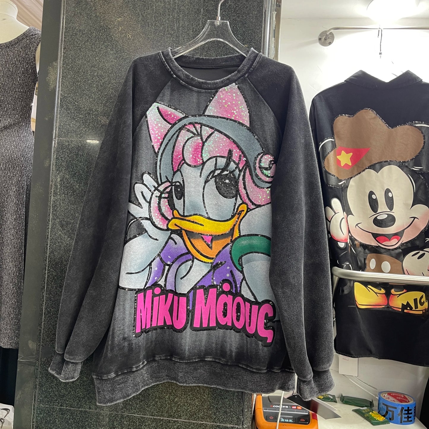 2025 Autumn Winter Heavy Loose Fashion Washed Cartoon Mid-Length Round Neck Hoodies Coat Popular Long-sleeves Sweatshirt Jacket