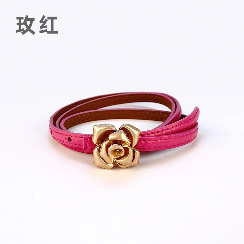 Double Sided Metal Flower Buckle Thin Belt for Women