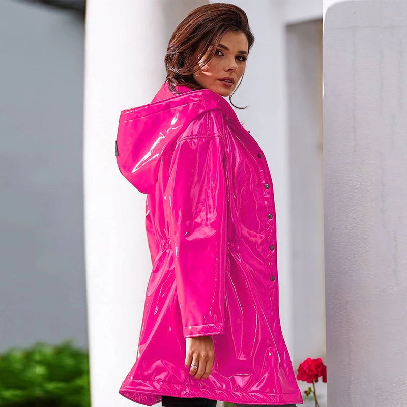 Women Casual Patent Leather Hooded Trench Loose Fashion PVC Long Coats Button Jackets Long Sleeve Plus Size PU Outwear Custom