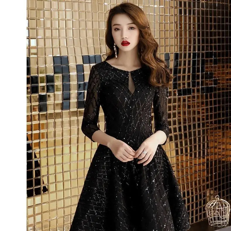 Black O-Neck Mid-Calf Evening Dress With Tatting For Women