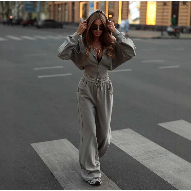 Zip Up Corset Hoodie And Wide Leg Sweatpants Two Piece Set For Women