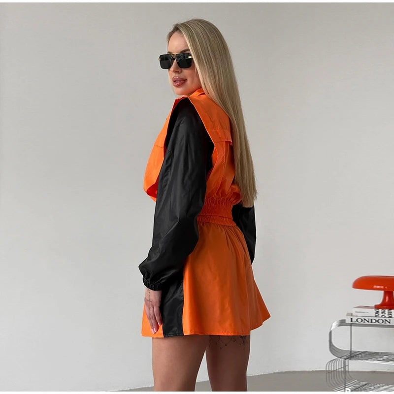 Casual Color Block Long Sleeve Jacket And Mini Skirt Set For Women