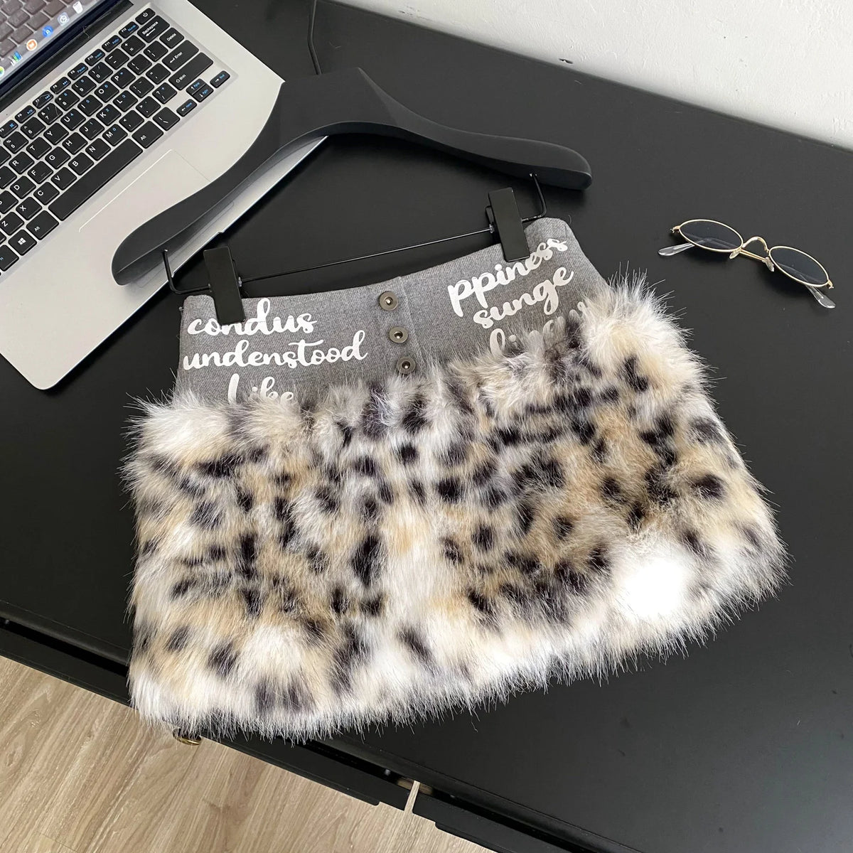 Leopard Print Furry A-Line Mini Skirt With Zipper for Women