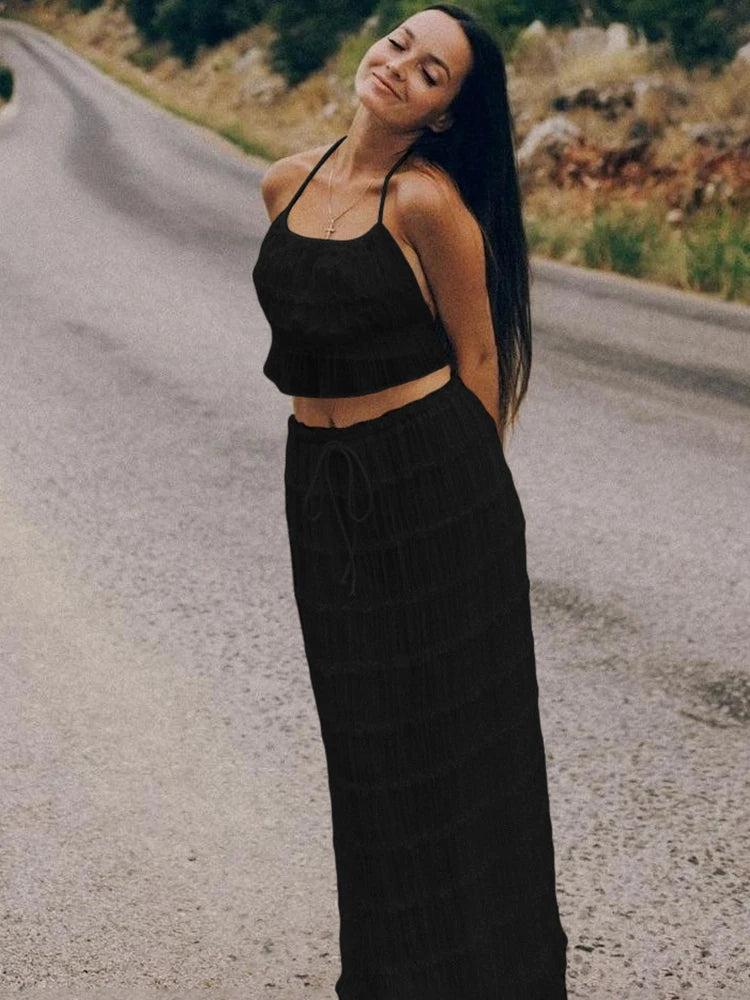 Elegant Backless Halter Two Piece Skirt Set for Women