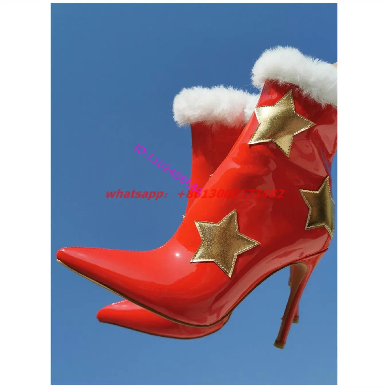 Woman Christmas Golden Star Patent Leather Pointed Toe High Heel Boots Plus Size 47 Woman Red Christmas High Heel Ankle Boots