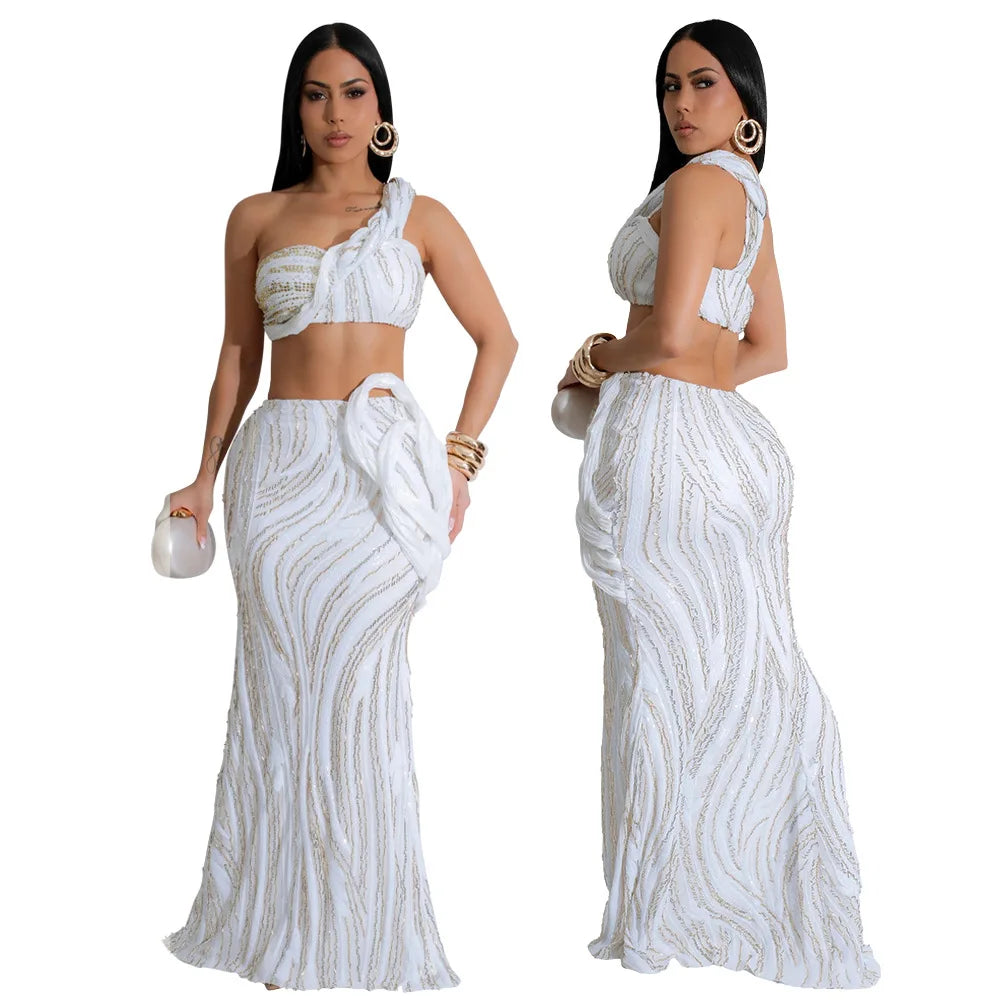 CM.YAYA Women’s Dress Set Mesh Sequined Ribbon Sleeveless Strap Top + Long Skirts Sets 2 Two Pcs Sets Sexy Party Evening Oufits