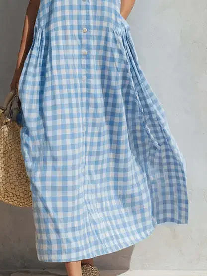 Loose Plaid Sleeveless Single Breasted Maxi Dress for Women