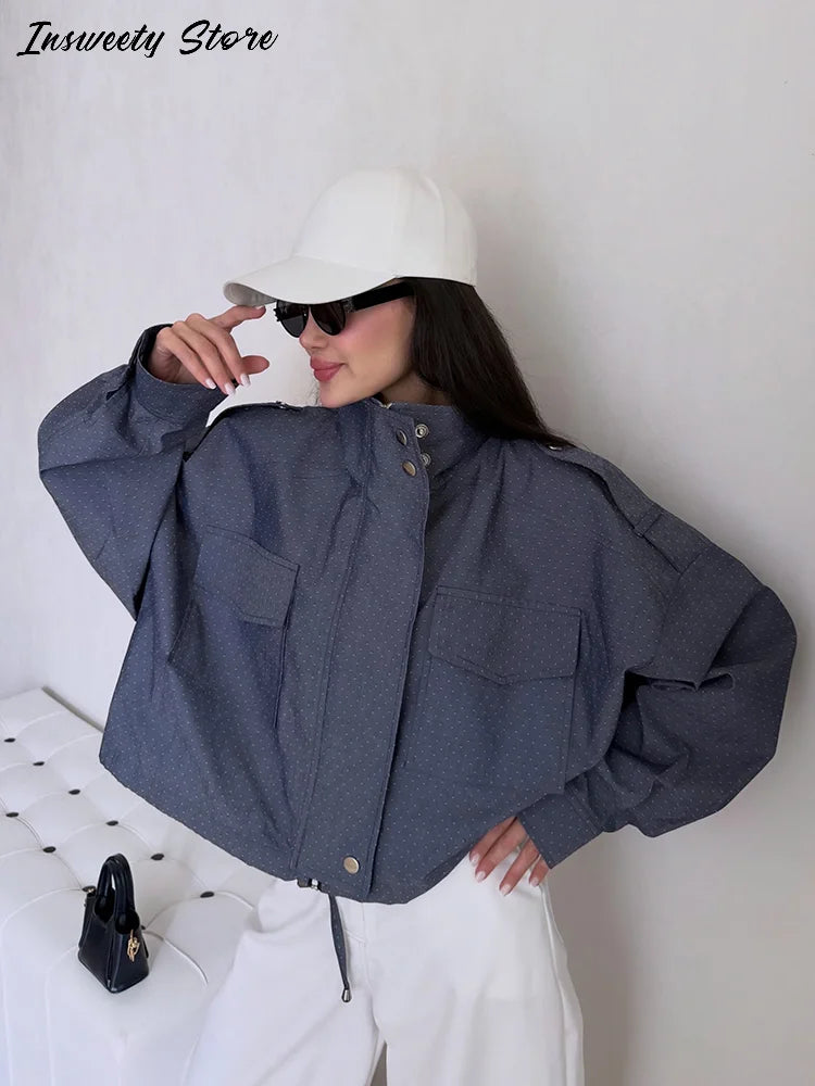 Casual Cropped Jacket With Stand Collar and Drawstring Hem for Women