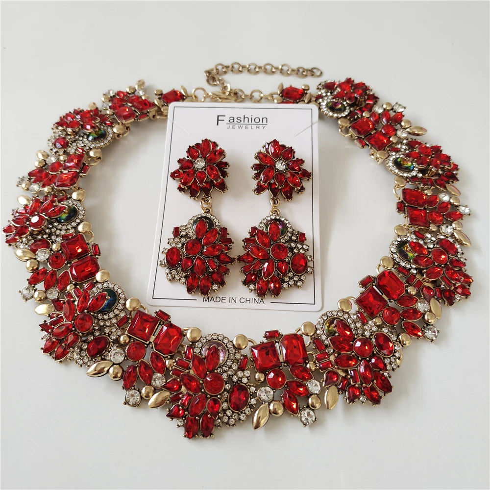 Red Crystal Statement Necklace and Earrings Set for Women