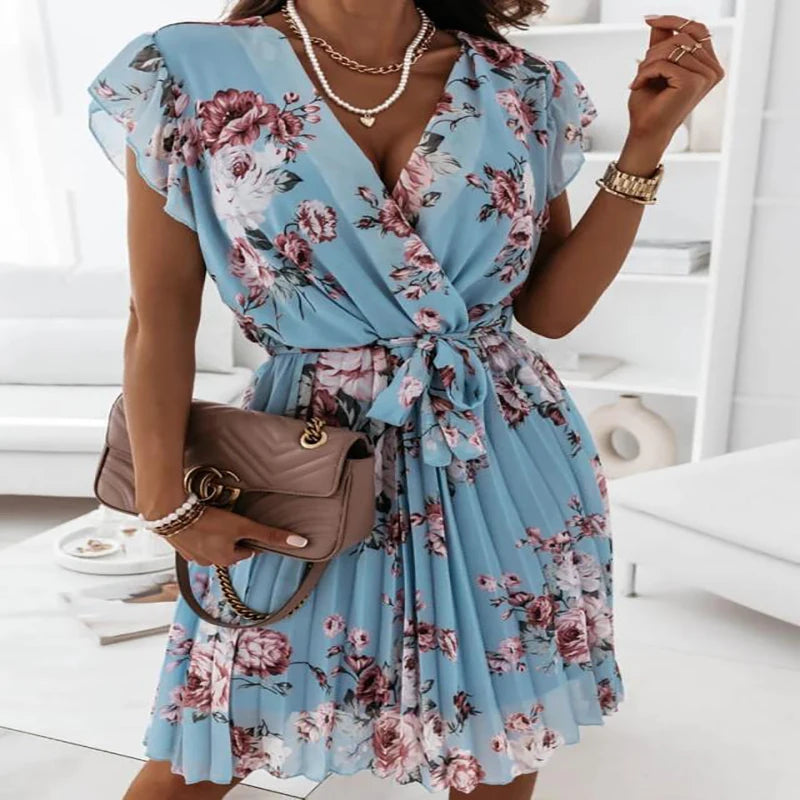 Floral Print Pleated Short Sleeve Ruffle Mini Dress for Women