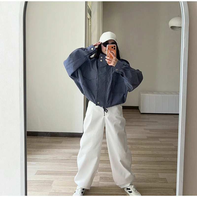 Casual Cropped Jacket With Stand Collar and Drawstring Hem for Women
